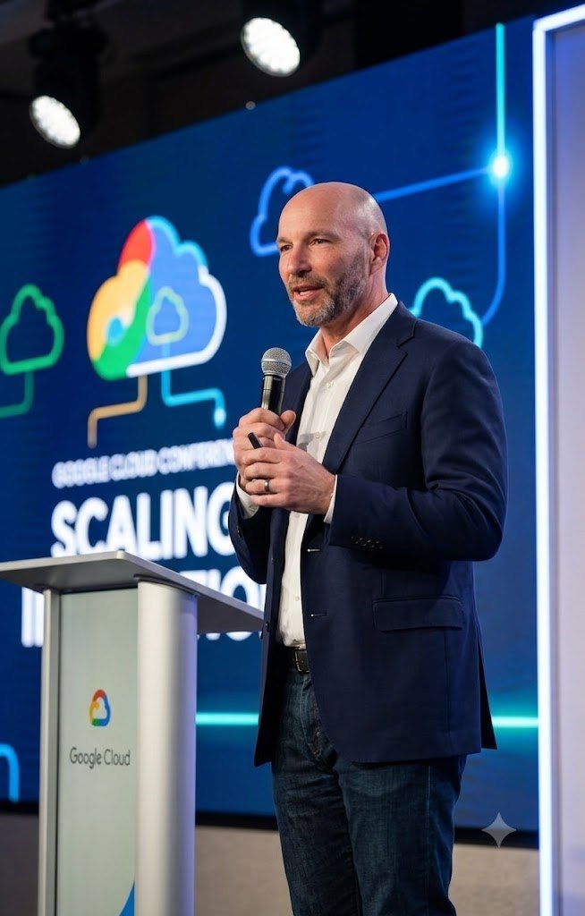 Dr. Trey Harper speaking at a Google Cloud event